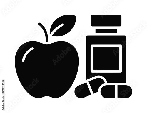Vector icon showing an apple, a pill bottle, and two pills for health.