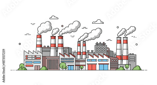 Detailed illustration of a large industrial factory complex with multiple chimneys emitting smoke on a white background.
