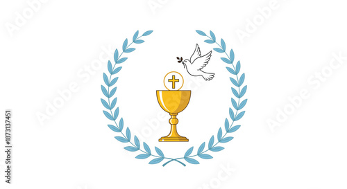 Religious illustration of a golden holy chalice with a white dove carrying an olive branch inside a blue laurel wreath symbol.