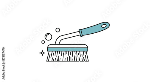 Cleaning brush with blue handle and soap bubbles icon illustrated in a simple vector style for household maintenance or sanitation.