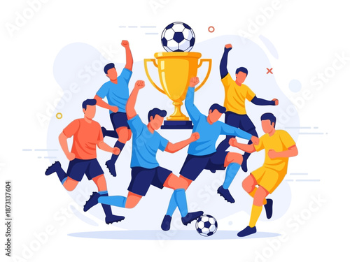 Dynamic flat vector illustration of soccer players celebrating a championship victory