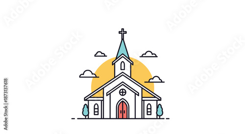 Colorful line art of a white church building with a cross on top and a bright sun in the background for spiritual or community design.