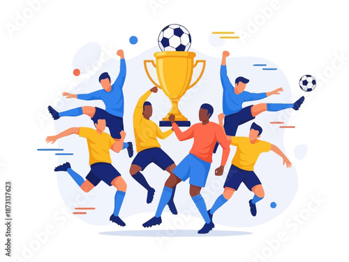 Dynamic flat vector illustration of soccer players celebrating a championship victory