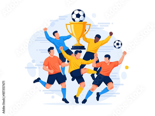 Dynamic flat vector illustration of soccer players celebrating a championship victory