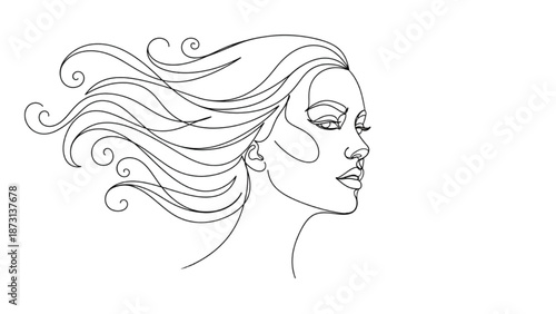 Minimalist Continuous Line Art Woman Profile, Modern Female Silhouette with Flowing Hair Vector Illustration for Beauty or Salon Branding