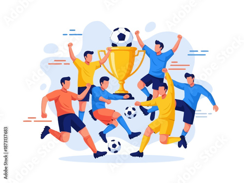 Dynamic flat vector illustration of soccer players celebrating a championship victory