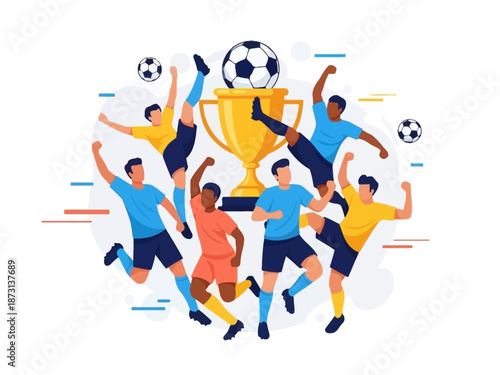Dynamic flat vector illustration of soccer players celebrating a championship victory