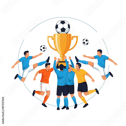Dynamic flat vector illustration of soccer players celebrating a championship victory