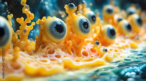 A surreal and imaginative representation of vibrant, eyeball-like structures rising from a colorful background, evoking a sense of wonder and creativity in abstract art.