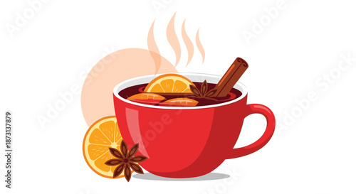 Red mug filled with hot mulled wine garnished with orange slices and star anise plus a cinnamon stick for a cozy winter beverage.