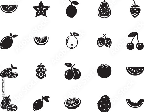 Exotic Fruit and Berry Silhouette icon collection. Includes Silhouette symbols starfruit, raspberry, date, lemon, cherry and more. Fruit icon set. Minimalist icons pack.