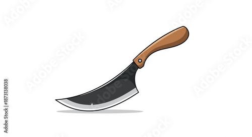 Single hand knife with a large curved black blade and a brown wooden handle isolated on a plain white background.