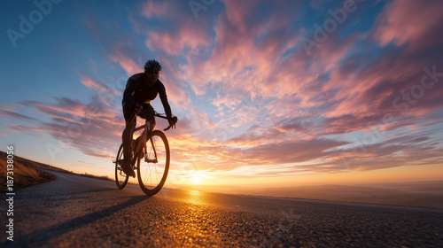 Lone Road Cyclist Silhouetted Cresting Hill at Sunrise, Stark Graphic Shape Against Pink and Orange Gradient Sky.