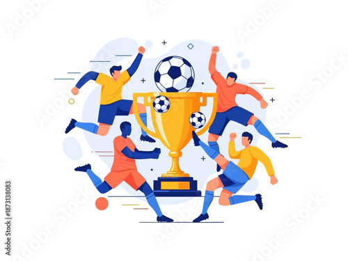 Dynamic flat vector illustration of soccer players celebrating a championship victory