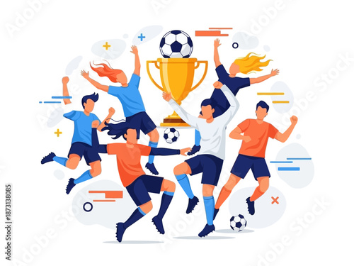 Dynamic flat vector illustration of soccer players celebrating a championship victory