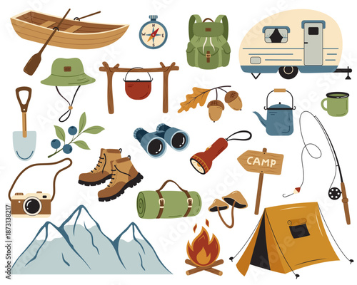 Set of camping and outdoor travel elements. Flat vector illustration isolated on white background. Design elements for tourism, hiking and camping projects.