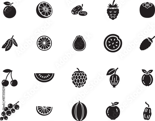 Exotic Fruit and Berry Silhouette icon collection. Includes Silhouette symbols starfruit, raspberry, date, lemon, cherry and more. Isolated icons. Fruit icon set. Minimalist icons pack.