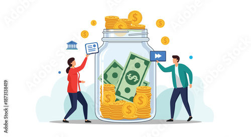 Man and woman placing gold coins and green bills into a giant glass savings jar with an architectural icon.