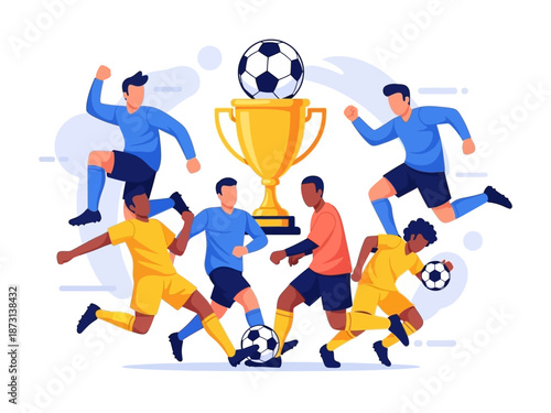 Dynamic flat vector illustration of soccer players celebrating a championship victory