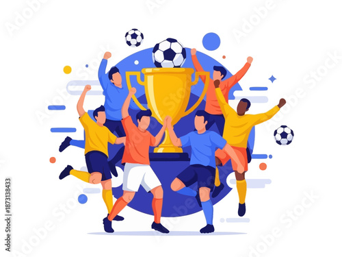 Dynamic flat vector illustration of soccer players celebrating a championship victory