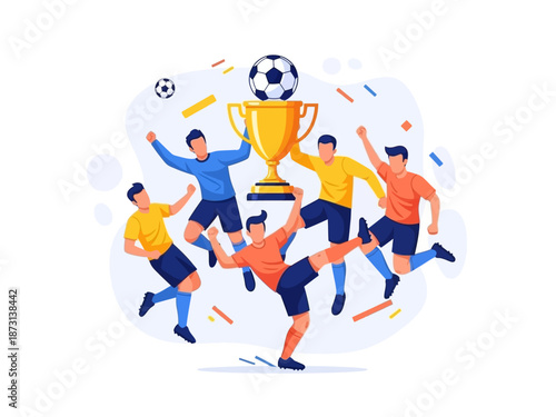 Dynamic flat vector illustration of soccer players celebrating a championship victory