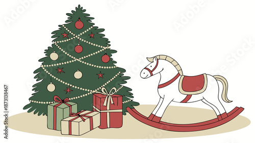 Christmas Tree and Rocking Horse Illustration for Holiday Season.