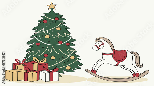 Christmas Tree and Rocking Horse Holiday Season Illustration.