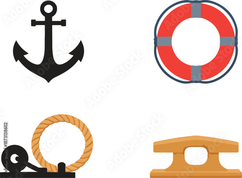 Nautical icons featuring anchor, lifebuoy, mooring ring, and cleat on white background