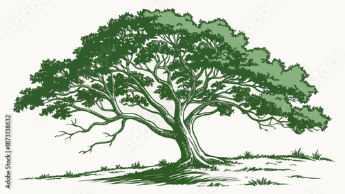 Detailed Tree Illustration Natures Beauty in Green and White.