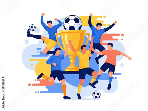 Dynamic flat vector illustration of soccer players celebrating a championship victory
