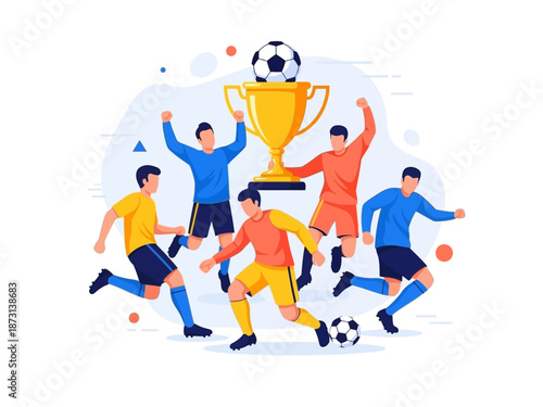 Dynamic flat vector illustration of soccer players celebrating a championship victory