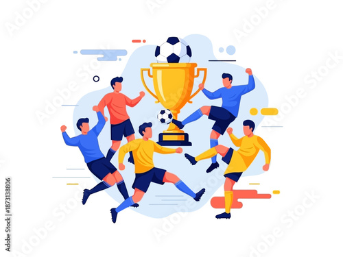 Dynamic flat vector illustration of soccer players celebrating a championship victory