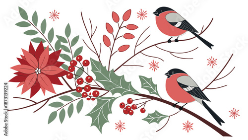 Festive Winter Birds and Floral Arrangement Illustration.