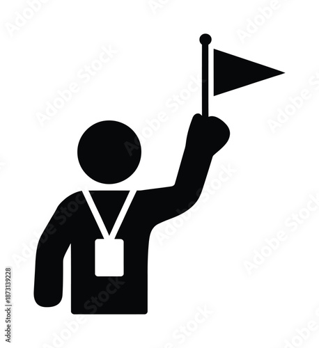 Black and white vector illustration of a person holding a flag high.