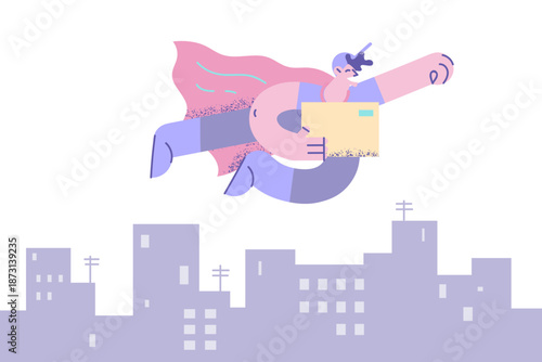 Courier as superhero deliver parcel to client