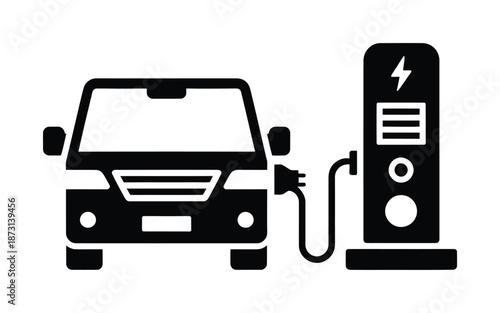 Vector depiction of electric vehicle charging at a station with plug connected