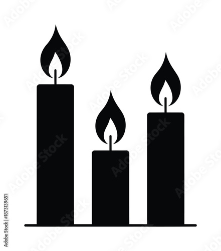 Black vector candles with flickering flames standing on a flat base