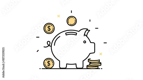 Cute piggy bank with coins and money flying around