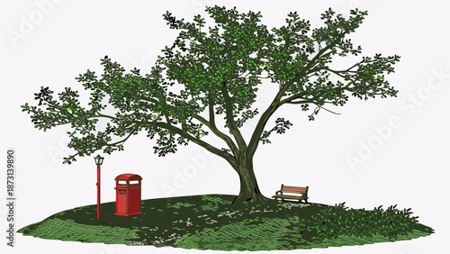 Scenic Tree with Bench and Postbox Illustration.