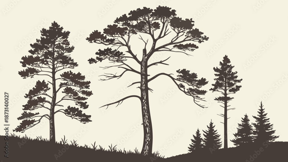 Obraz premium Silhouette of Diverse Trees in a Forest Landscape.