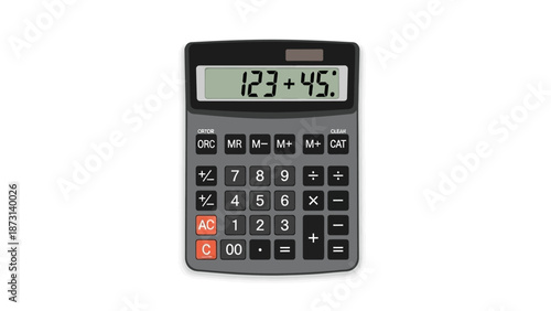 Gray calculator with black buttons and display screen
