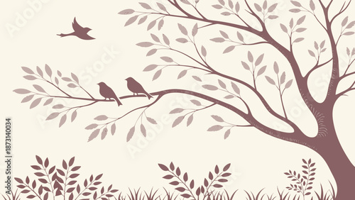 Silhouette of Birds on a Tree Branch with Flying Bird.