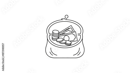 Open purse filled with coins and bills for financial savings