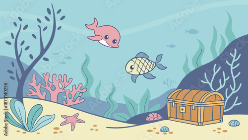 Underwater Adventure Cartoon Fish Dolphin and Treasure Chest.