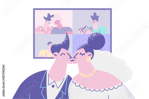 Couple kiss having online wedding ceremony with guests