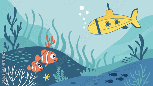 Underwater Adventure Clownfish Submarine and Ocean Life Illustration.