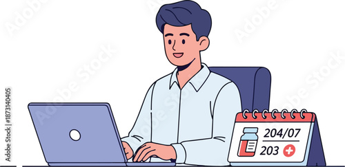 Man working on laptop with medical calendar.