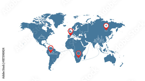 Global travel and tourism concept with world map and destination markers