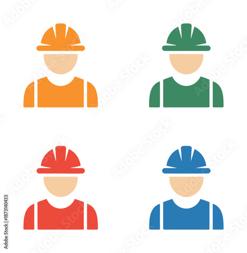 Vector icons of construction workers wearing helmets and overalls in different colors