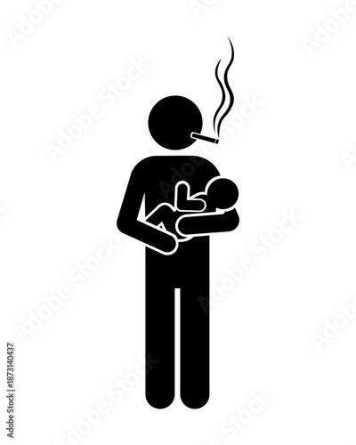 Stickman Smoking While Holding a Baby, Passive Smoking and Child Health Risk Concept Vector Illustration.